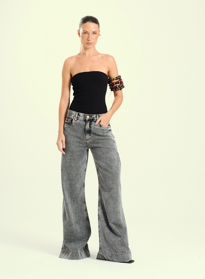 Calça Feminina Pantalona Jeans Grey Indigo Preto 1