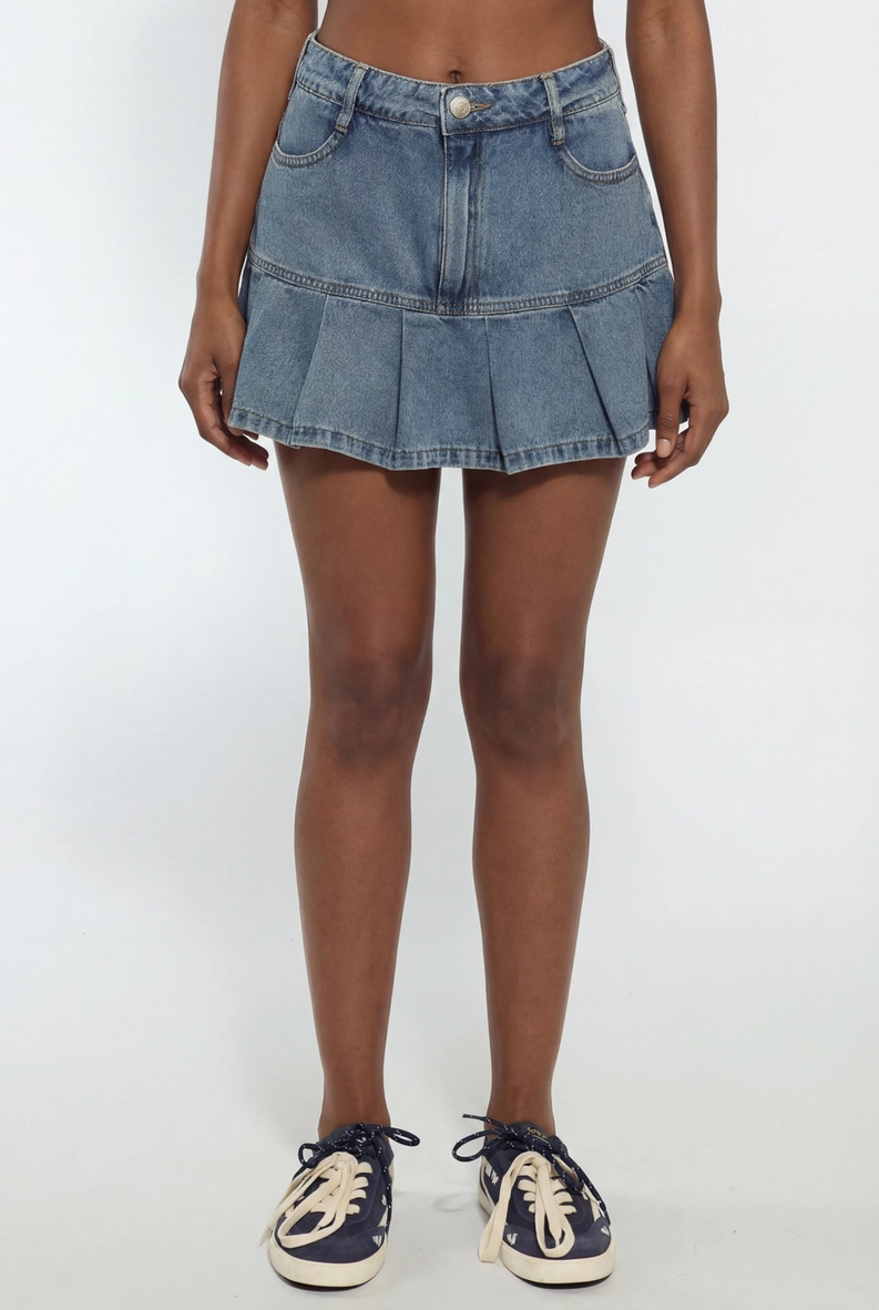 Short Saia Jeans Com Pregas Índigo 3