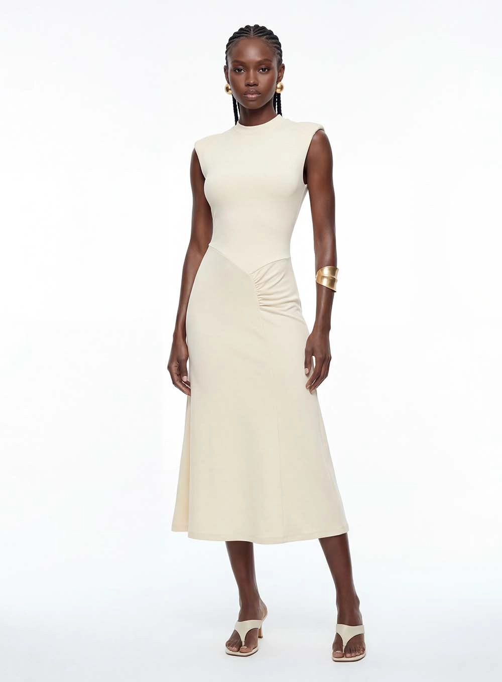 Vestido Feminino Com Franzido Lateral - Evasê Bege 1