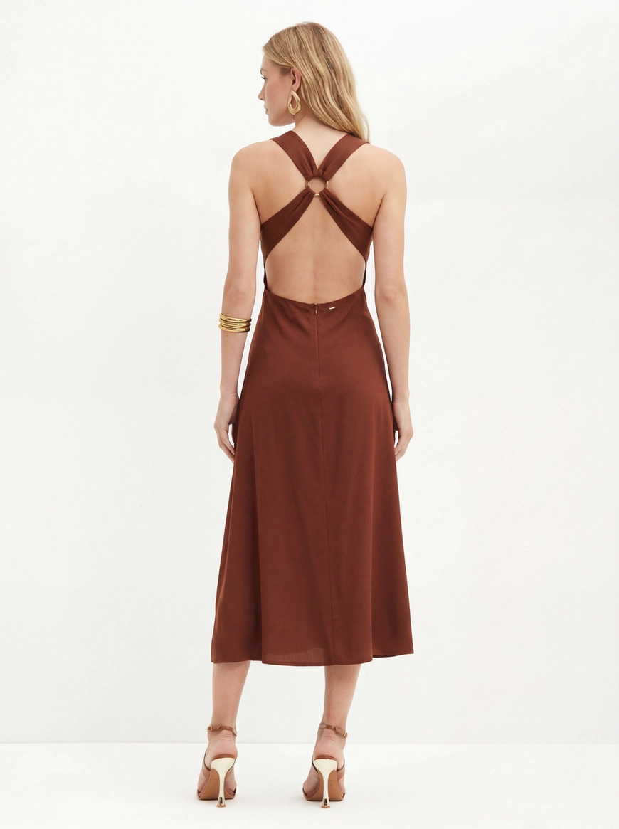 Vestido Com Decote V E Costas Abertas - Godê Marrom 2