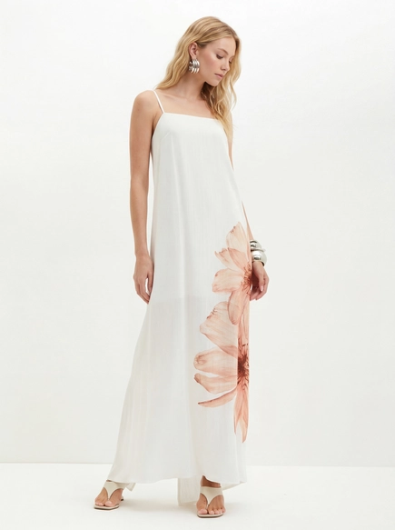 Vestido Estampado Com Alças Finas E Fenda - Evasê