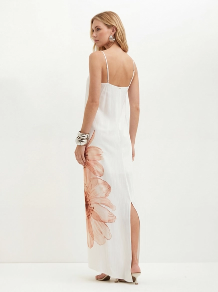 Vestido Estampado Com Alças Finas E Fenda - Evasê