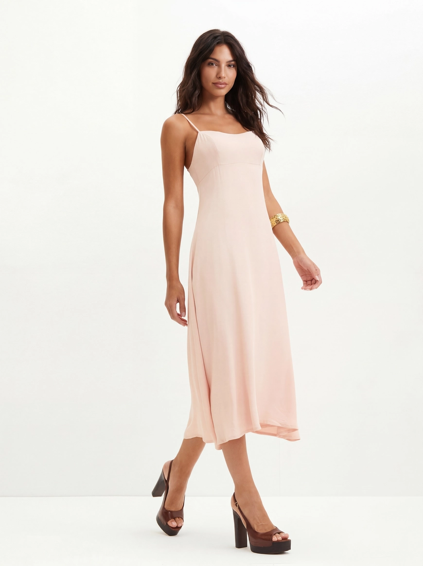 Vestido Com Alças Finas E Bolsos - Evasê Rosa 3