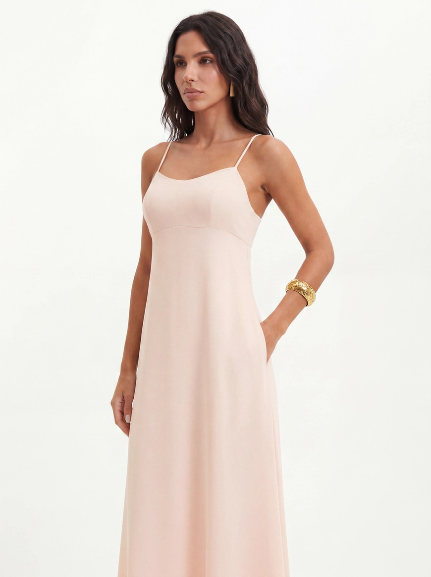 Vestido Com Alças Finas E Bolsos - Evasê Rosa 4