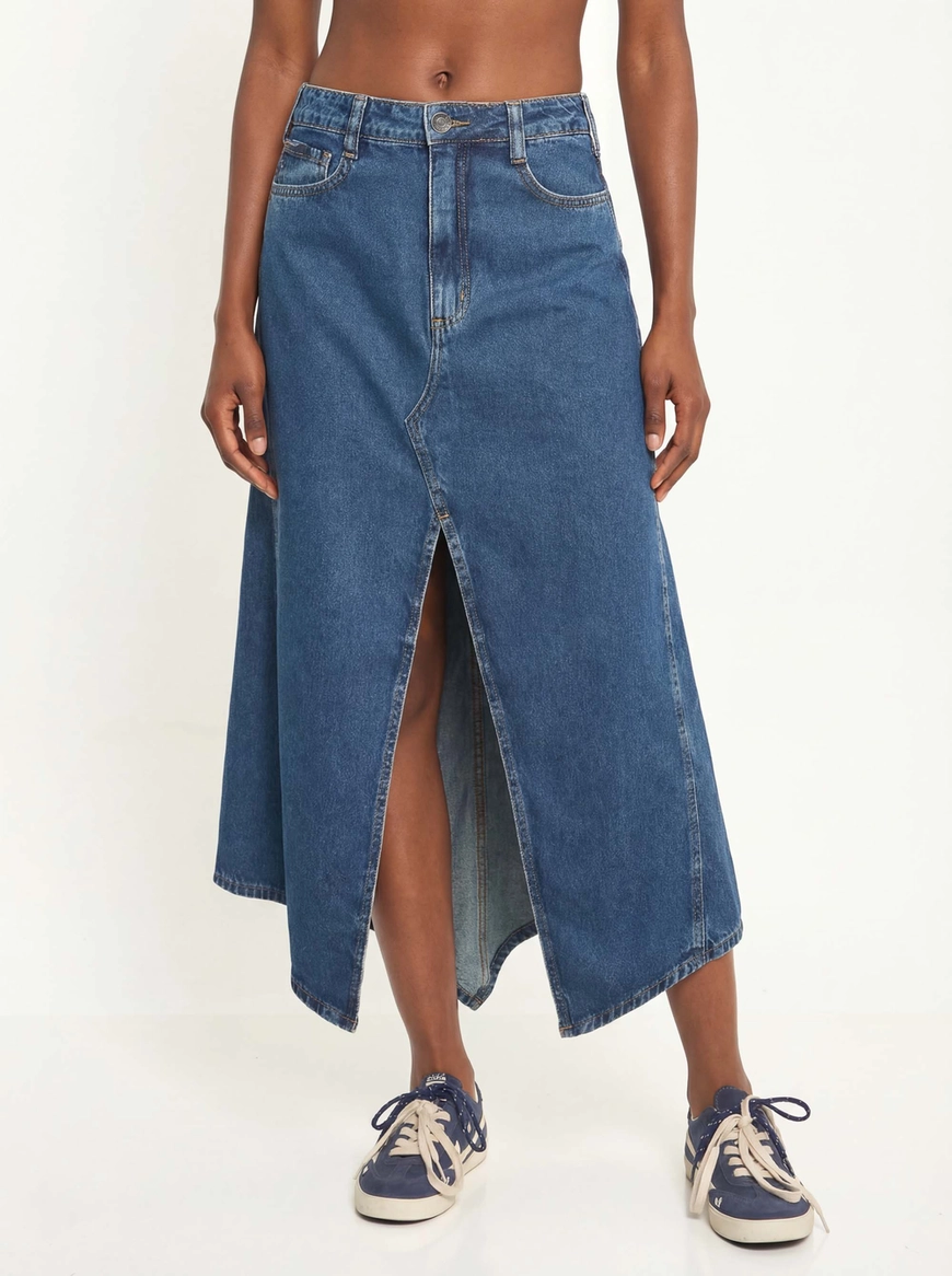 Saia Jeans Midi Com Fenda Evasê Índigo 3