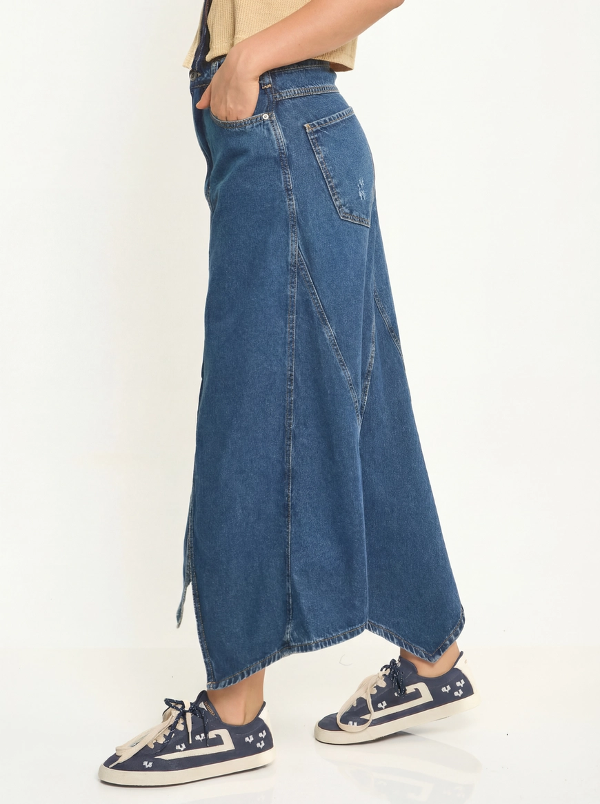 Saia Jeans Midi Com Fenda Evasê Índigo 5