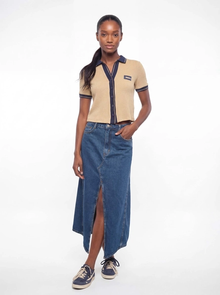 Saia Jeans Midi Com Fenda Evasê