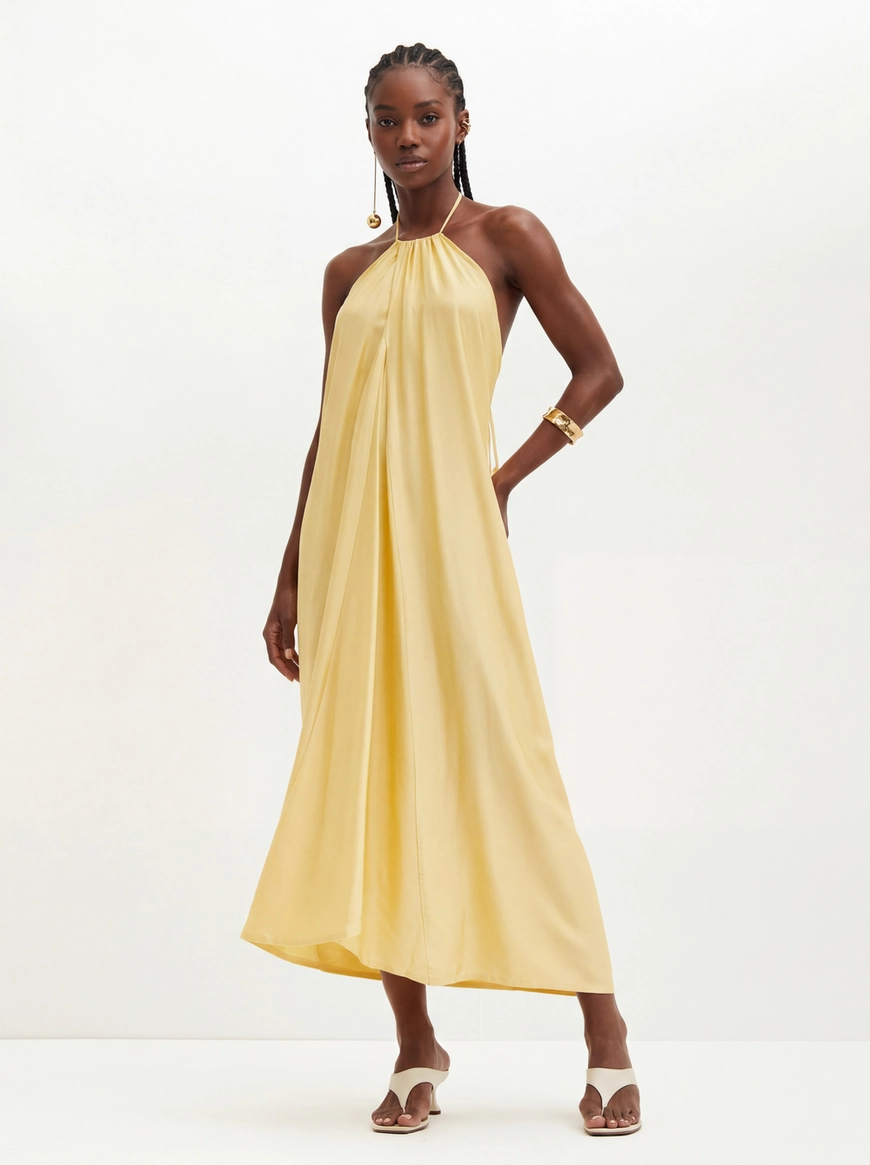 Vestido Midi Halter Com Amarração Amarelo 1