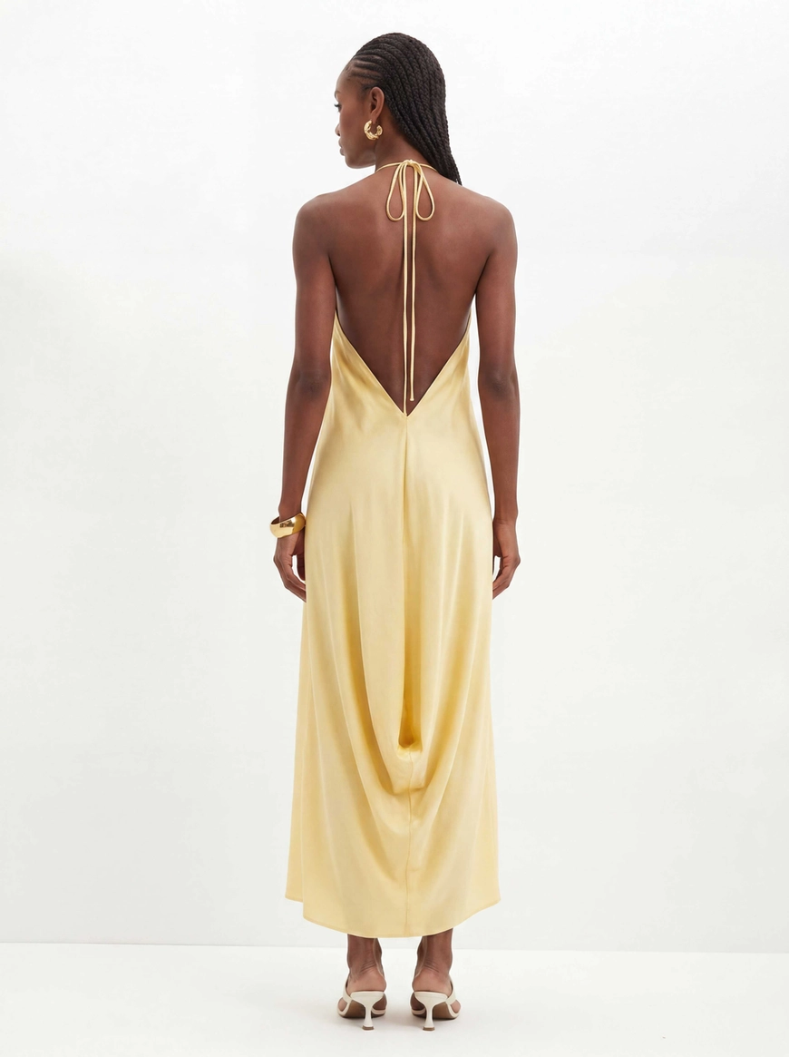 Vestido Midi Halter Com Amarração Amarelo 2