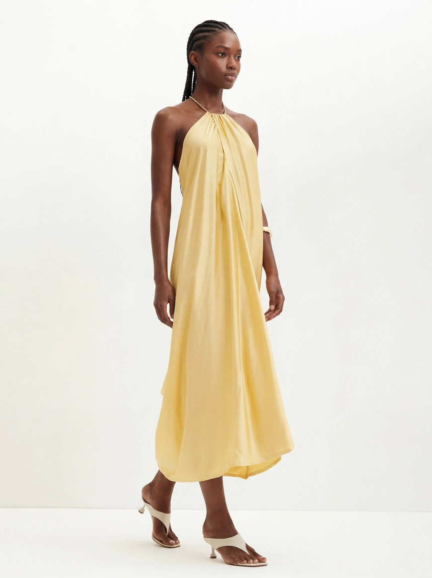 Vestido Midi Halter Com Amarração Amarelo 3
