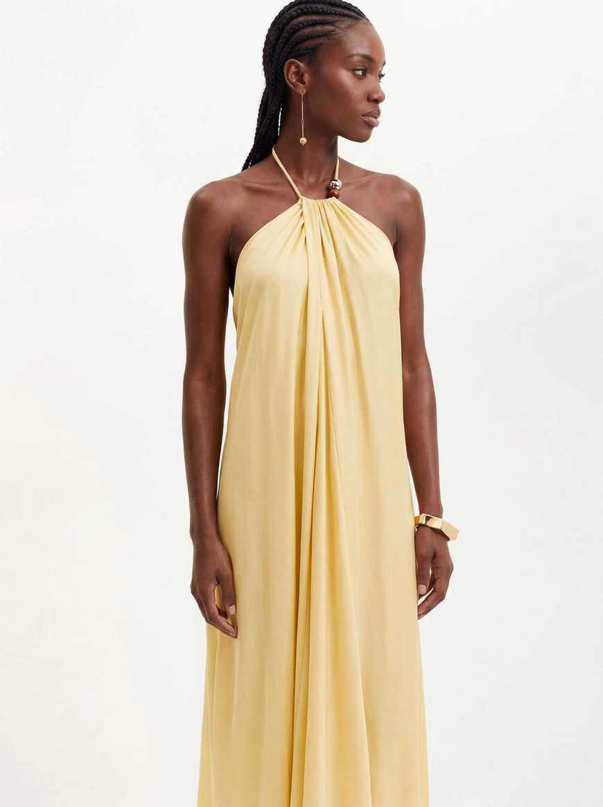 Vestido Midi Halter Com Amarração Amarelo 4