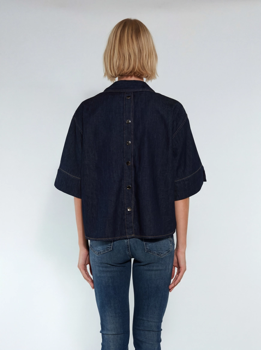 Camisa Jeans Feminina Manga Curta Índigo 4
