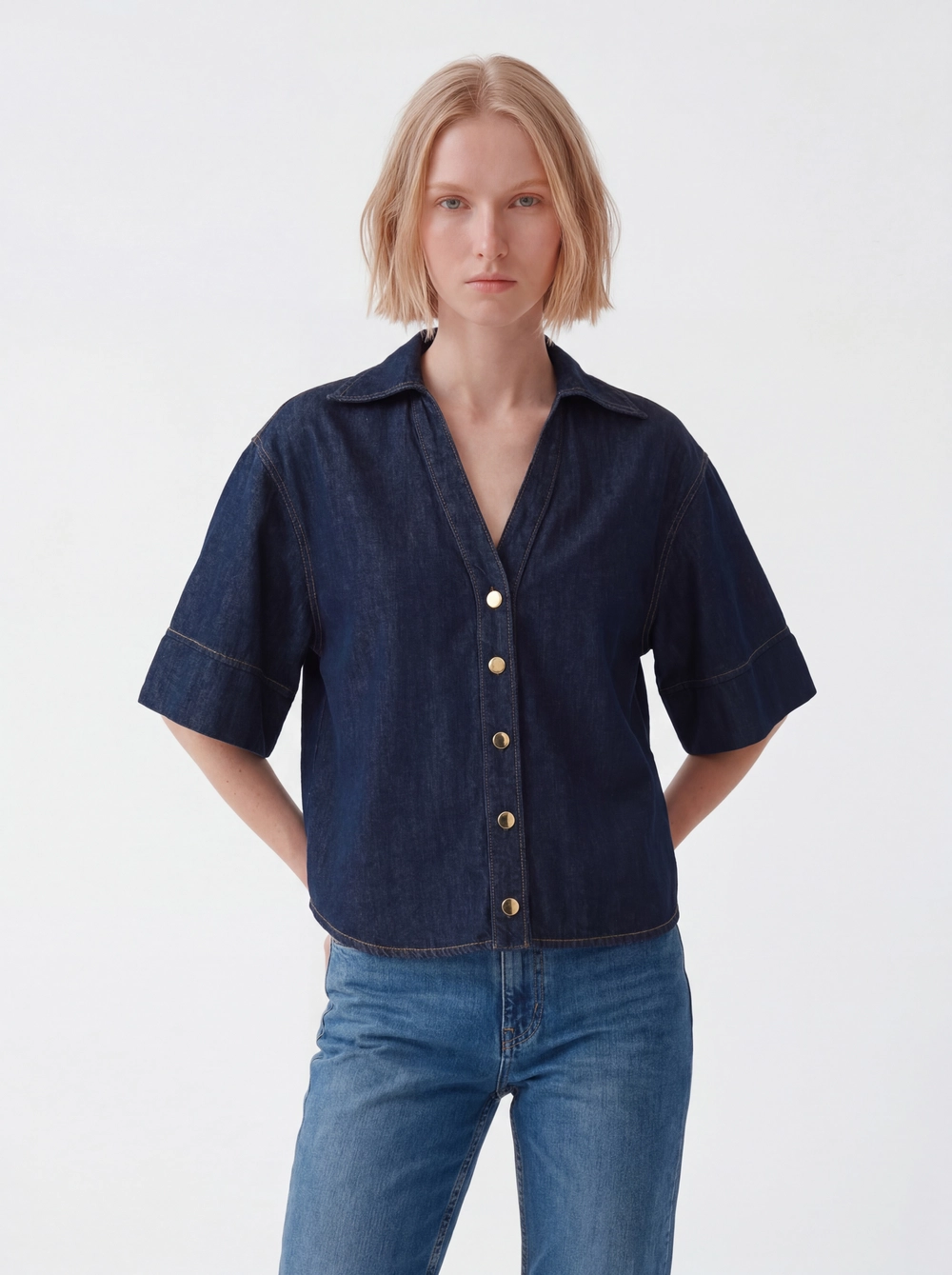 Camisa Jeans Feminina Manga Curta Índigo 3