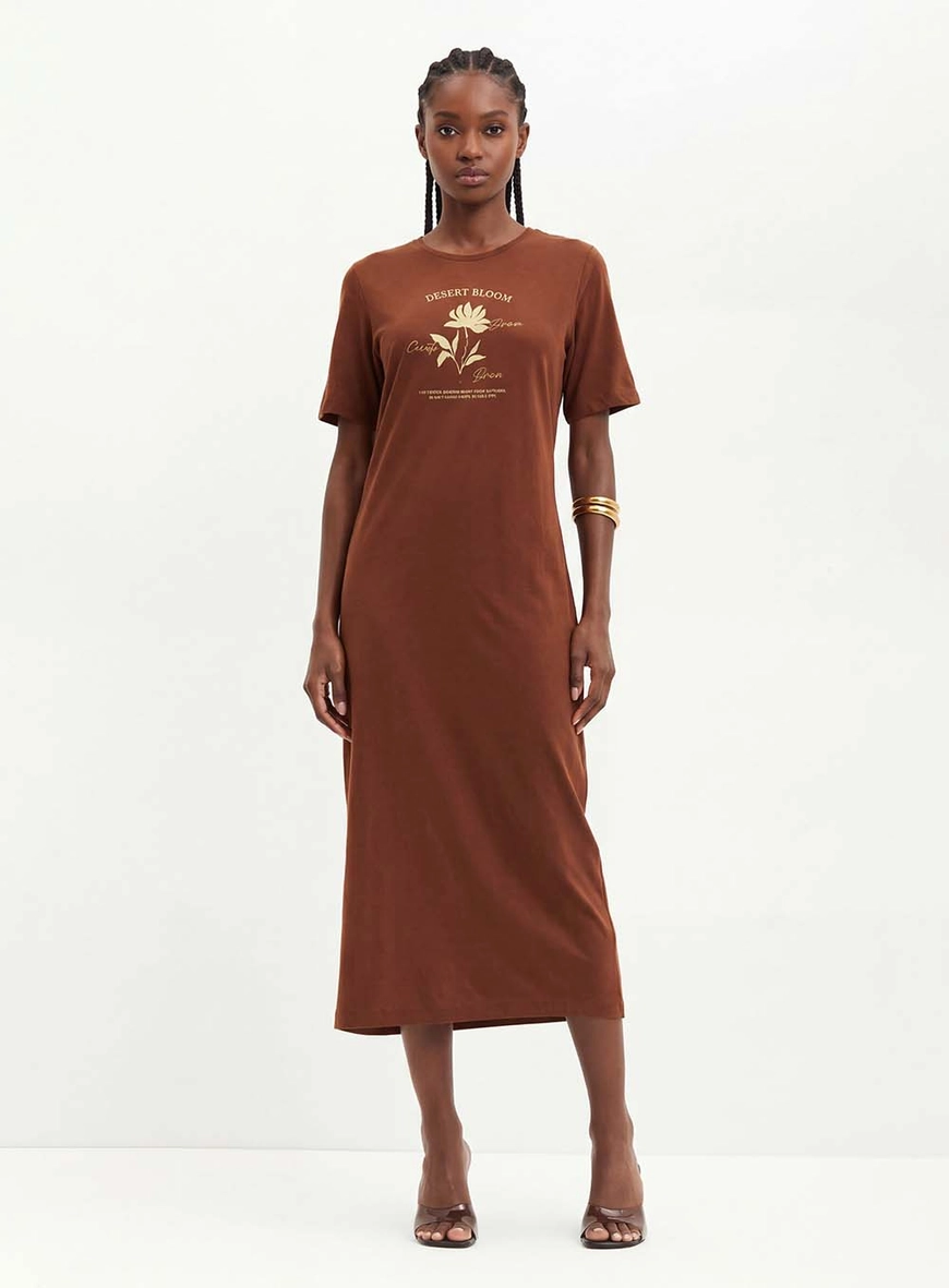 Vestido Midi Com Estampa Frontal - Comfort Marrom 1