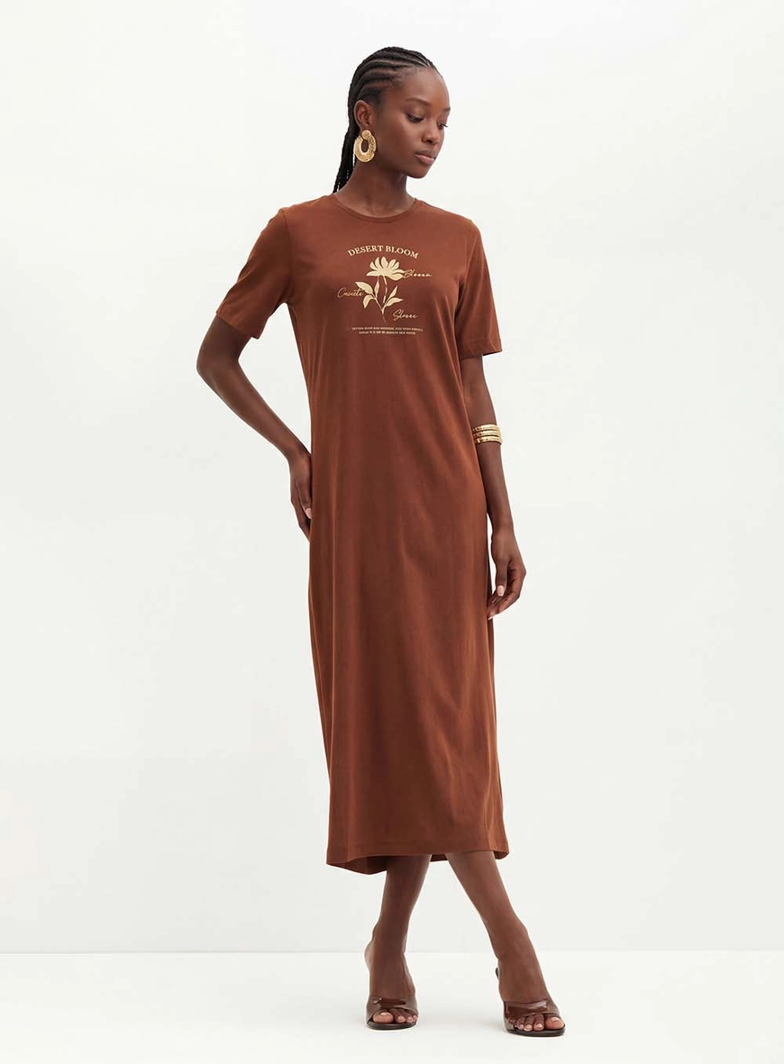 Vestido Midi Com Estampa Frontal - Comfort Marrom 3