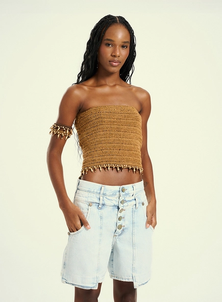 Short Jeans Feminino Com Cós Duplo E Botões