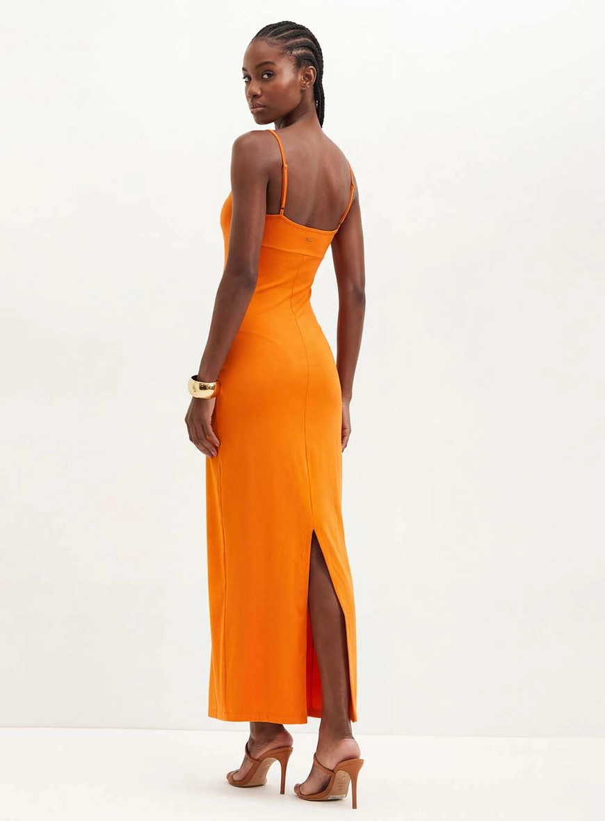 Vestido Longo Com Recorte No Decote - Slim Laranja 2