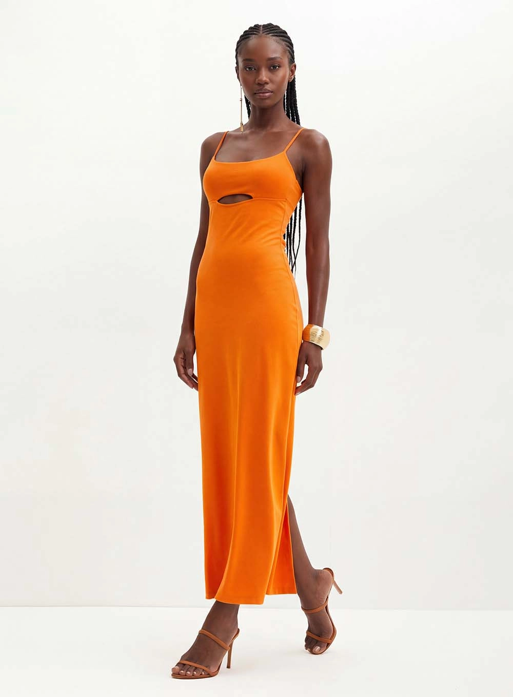 Vestido Longo Com Recorte No Decote - Slim Laranja 3