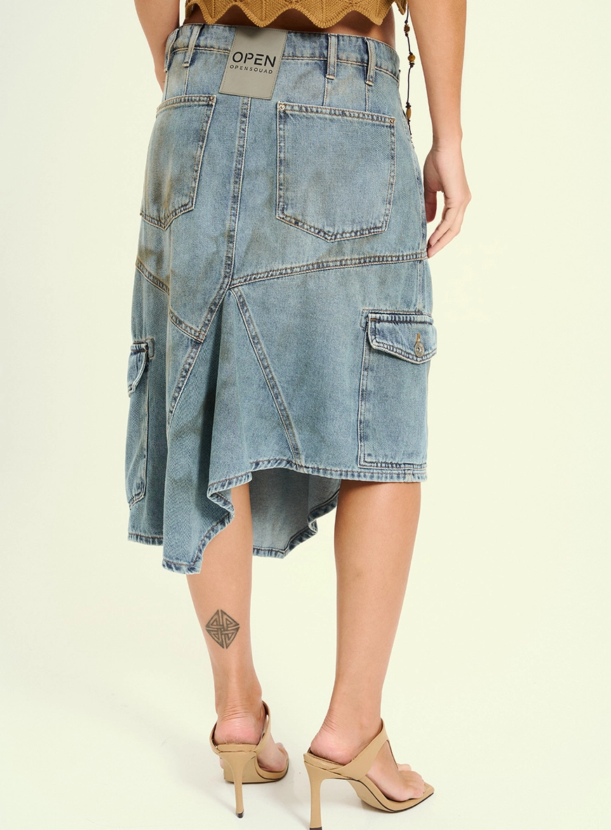 Saia Midi Jeans Com Bolsos Cargo Índigo 2