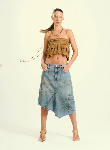 Saia Midi Jeans Com Bolsos Cargo