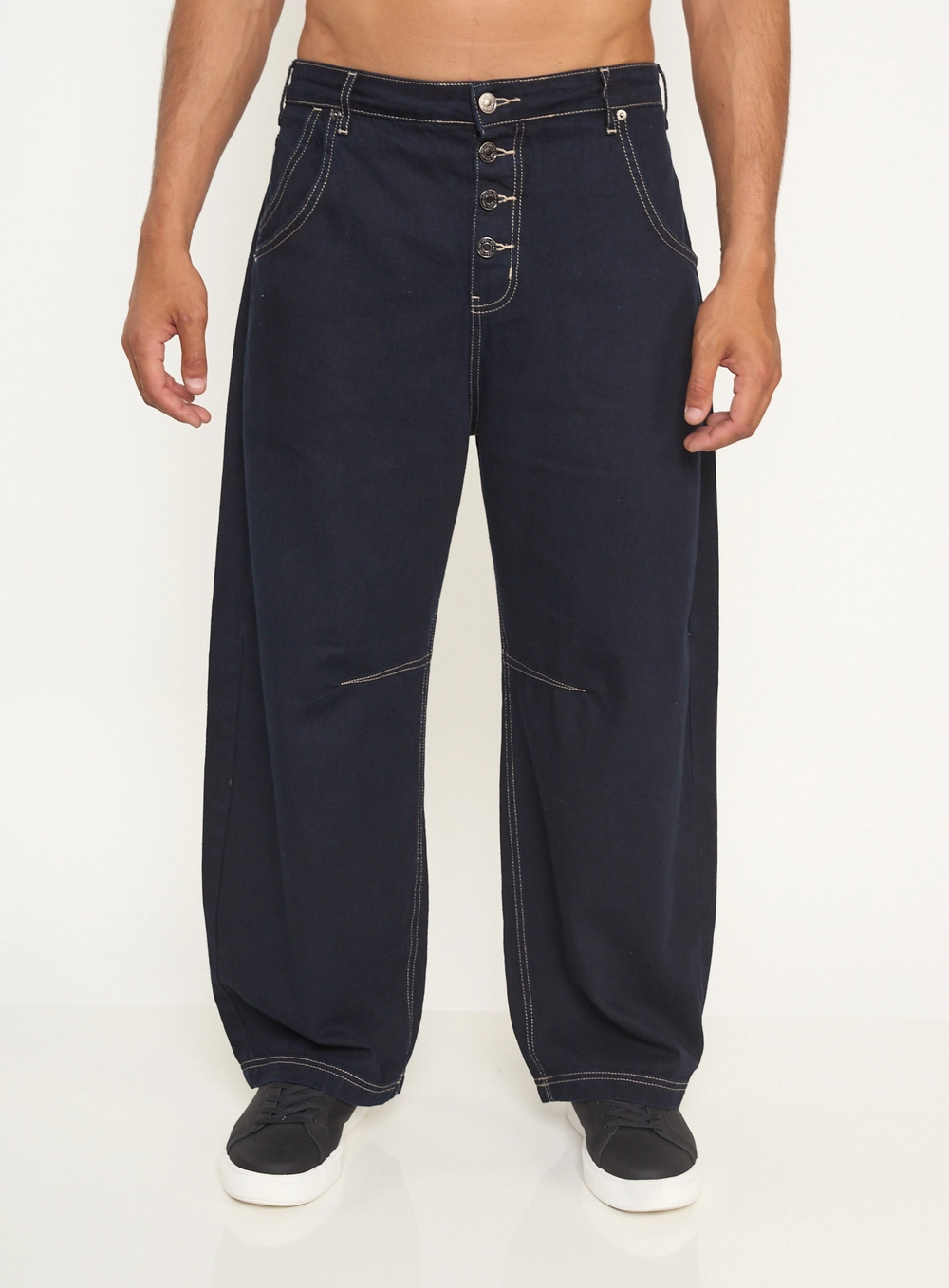 Calça Masculina Jeans Barril Costuras Contraste Índigo