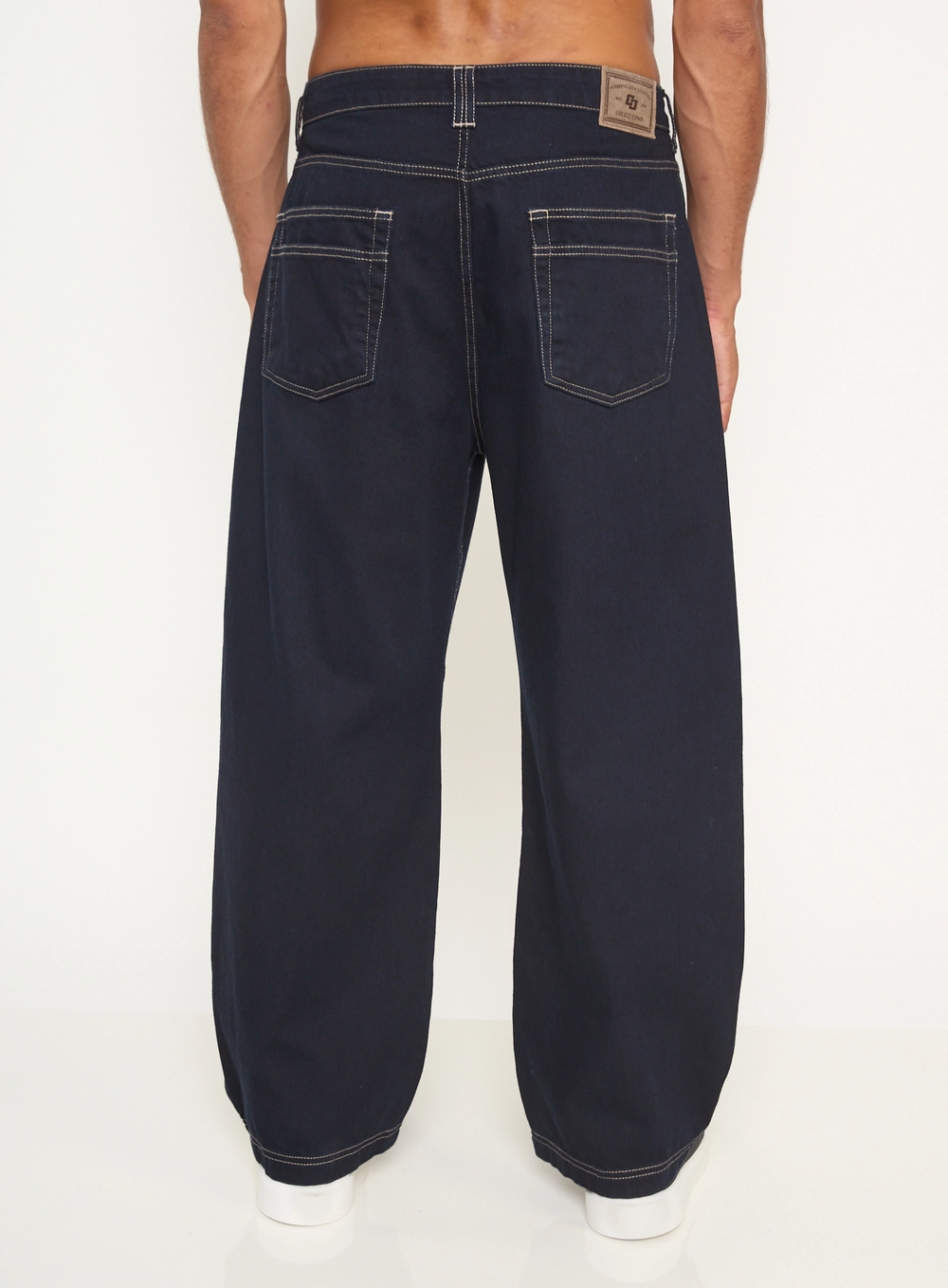 Calça Masculina Jeans Barril Costuras Contraste Índigo