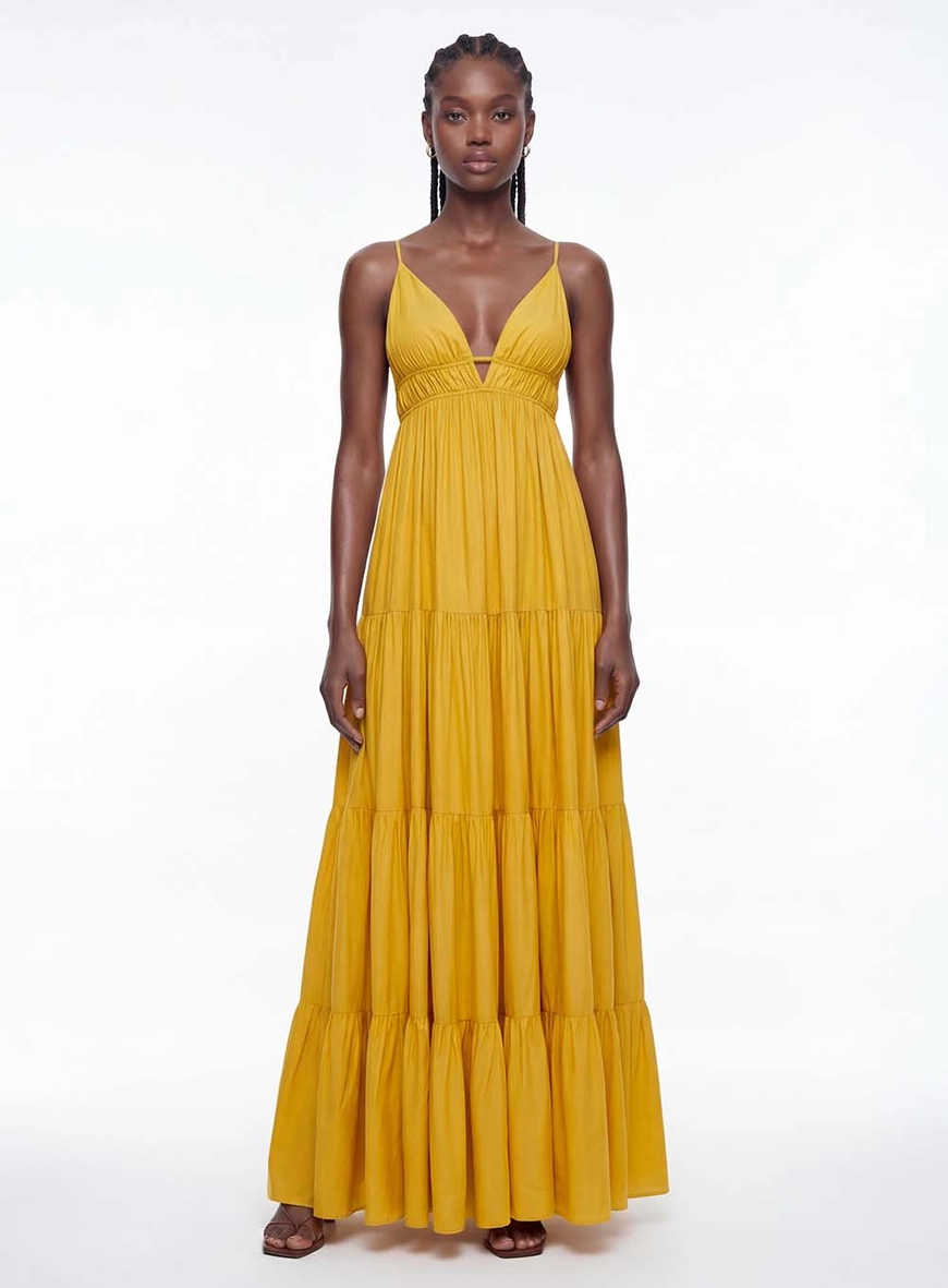 Vestido Longo Com Recortes E Franzidos - Godê AMARELO 1