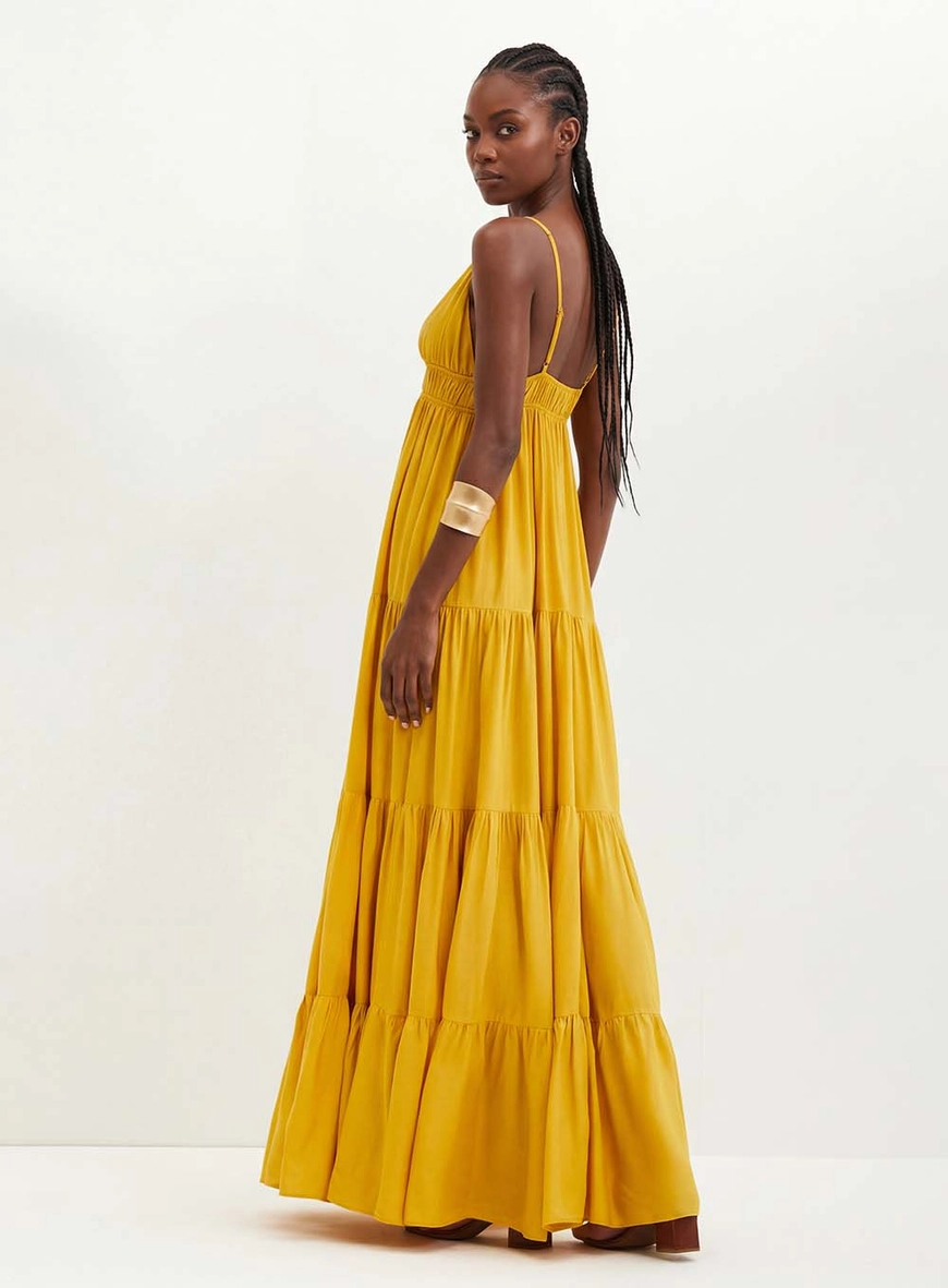 Vestido Longo Com Recortes E Franzidos - Godê AMARELO 2