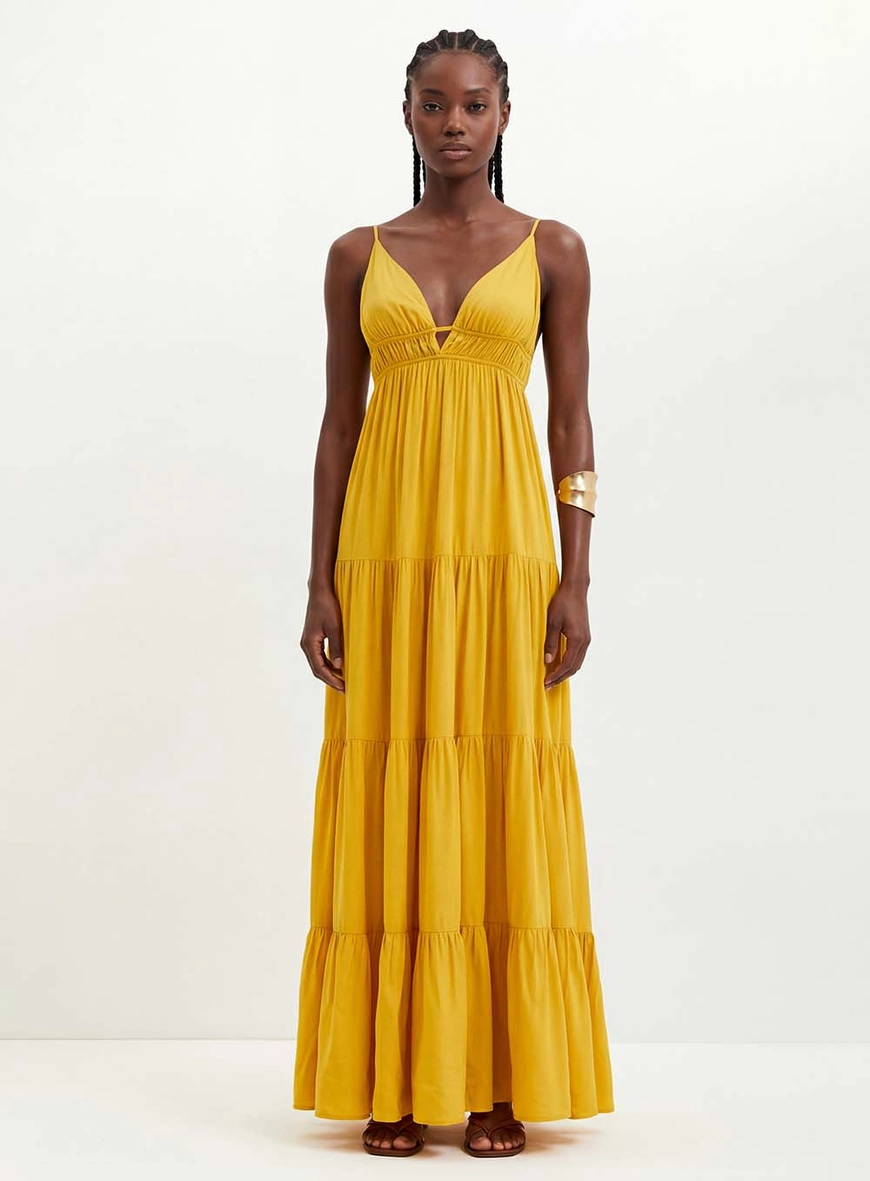 Vestido Longo Com Recortes E Franzidos - Godê AMARELO 3