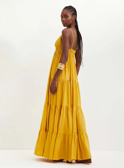 Vestido Longo Com Recortes E Franzidos - Godê
