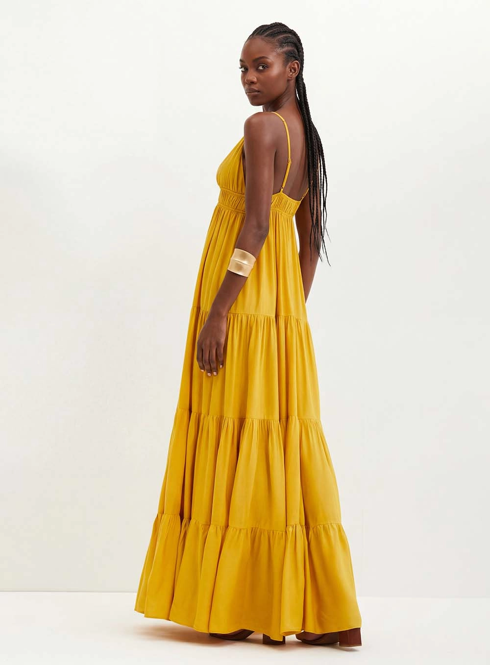 Vestido Longo Com Recortes E Franzidos - Godê AMARELO 2