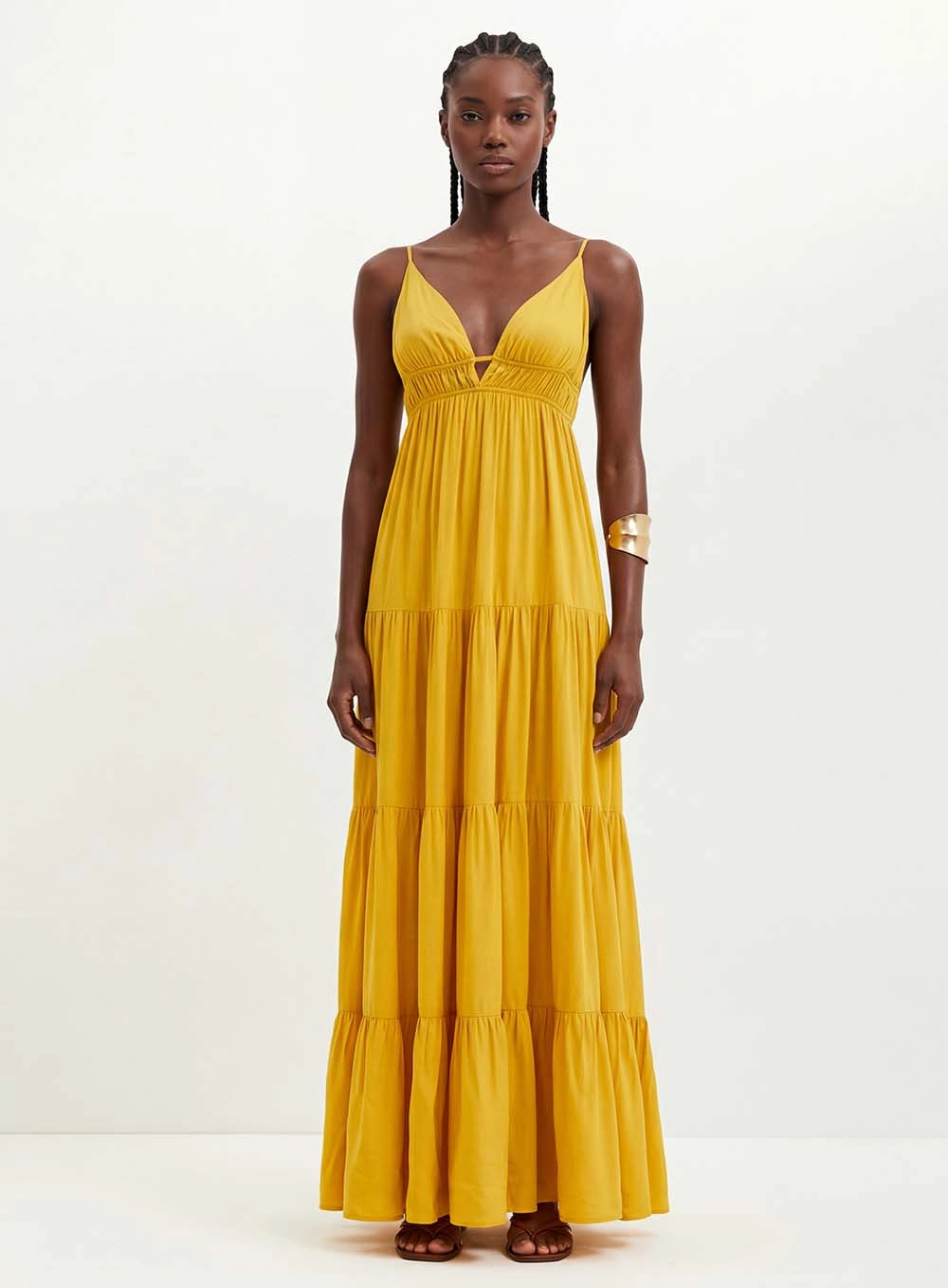 Vestido Longo Com Recortes E Franzidos - Godê AMARELO 3