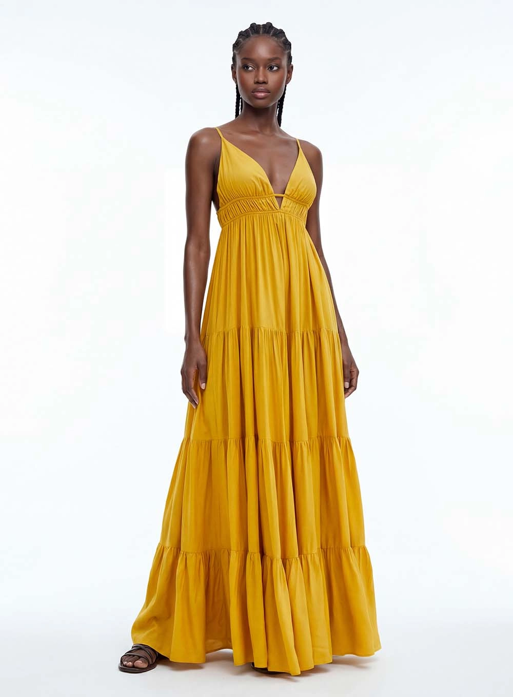 Vestido Longo Com Recortes E Franzidos - Godê AMARELO 4