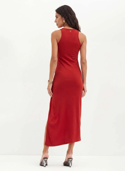 Vestido Midi Com Franzido E Fenda - Slim