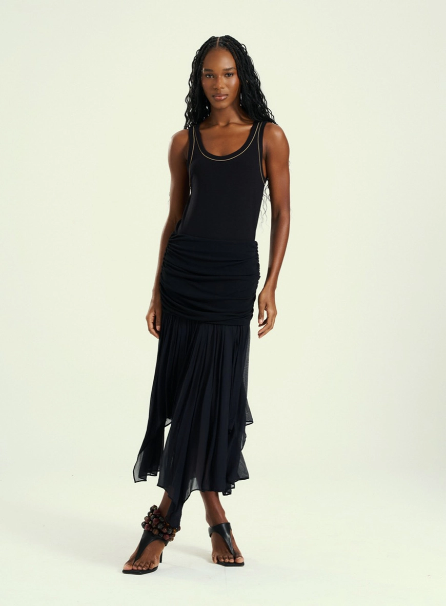 Saia Midi Longa Com Quadril Drapeado Preto 1