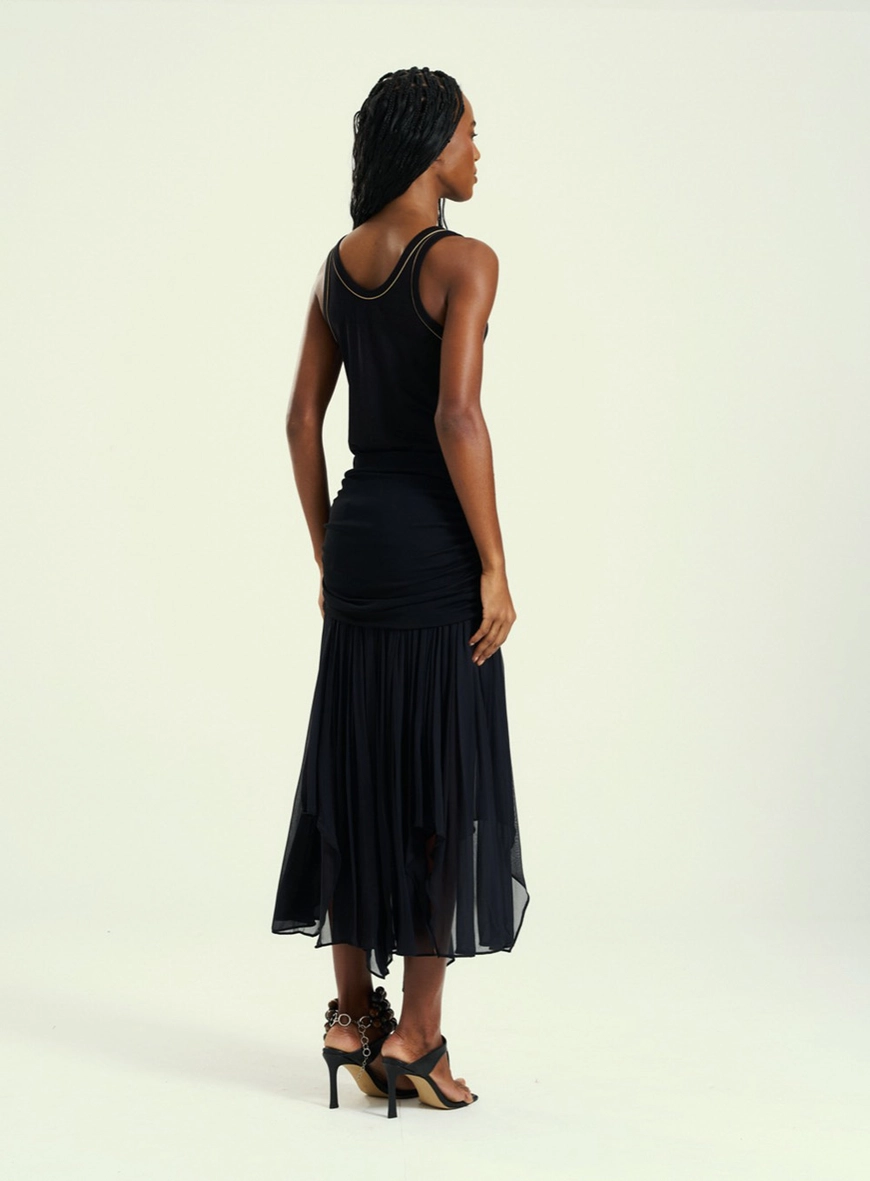 Saia Midi Longa Com Quadril Drapeado Preto 2