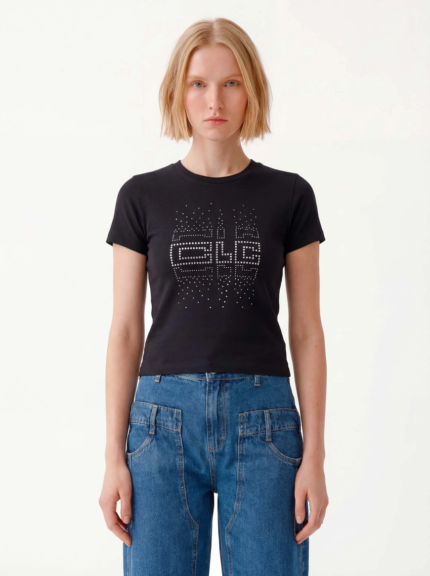 Camiseta Feminina Baby Look Com Aplicação Preto 1