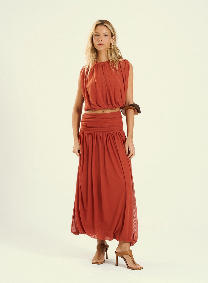 Saia Midi Franzida De Tule Marrom 1