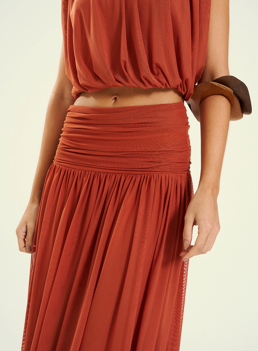 Saia Midi Franzida De Tule Marrom 3