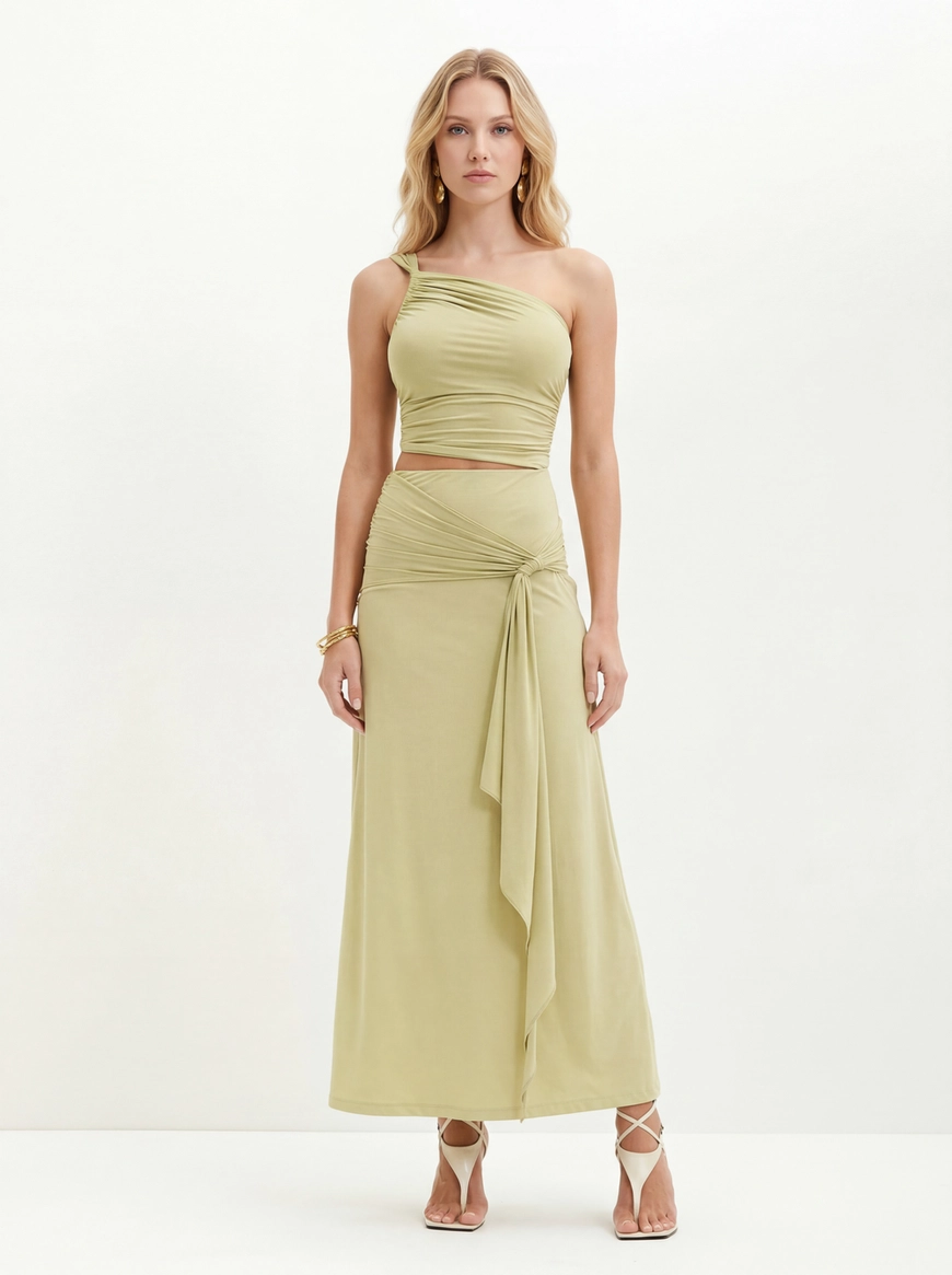 Vestido Um Ombro Só Com Franzidos - Slim Bege 1