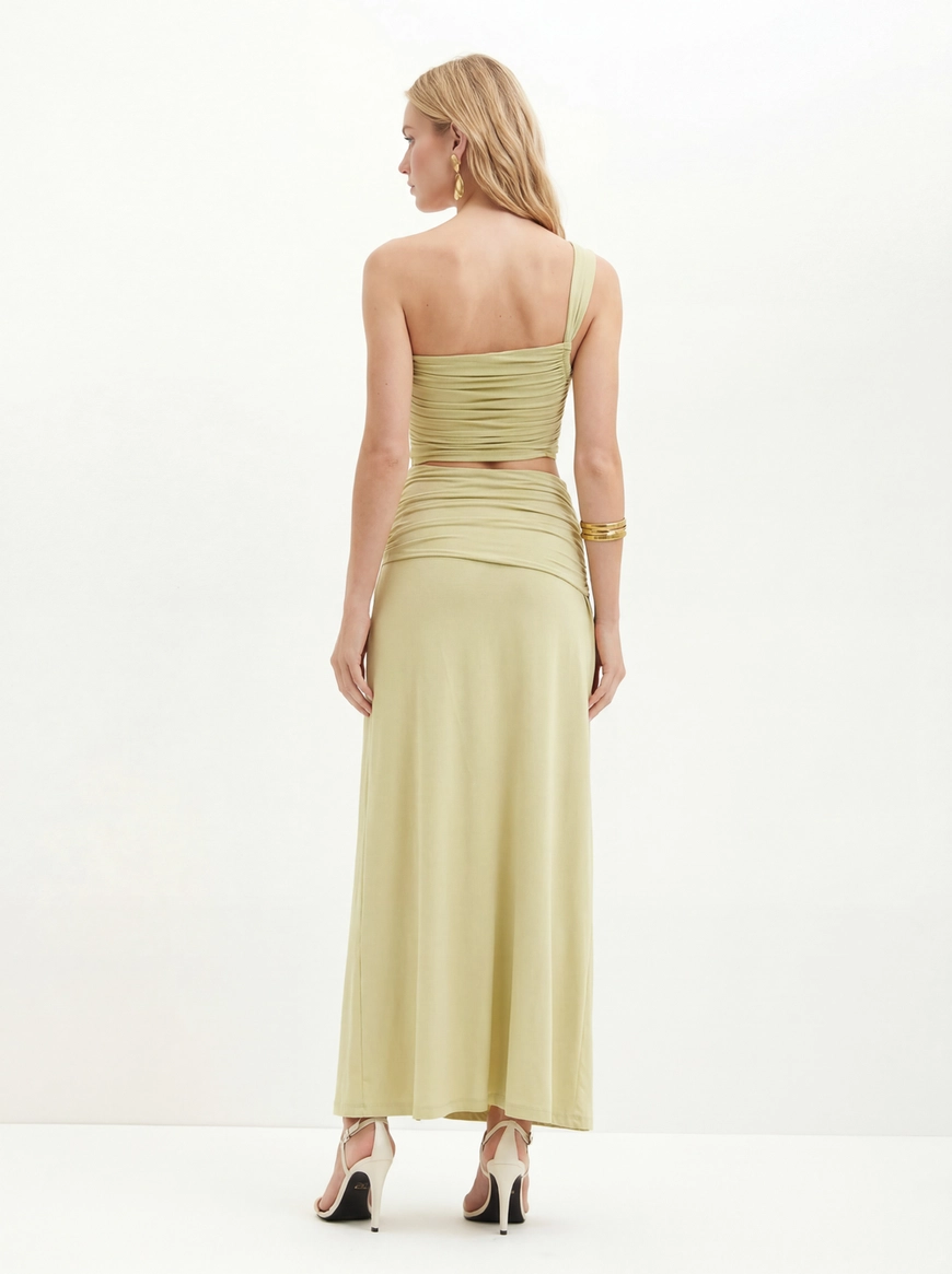 Vestido Um Ombro Só Com Franzidos - Slim Bege 2