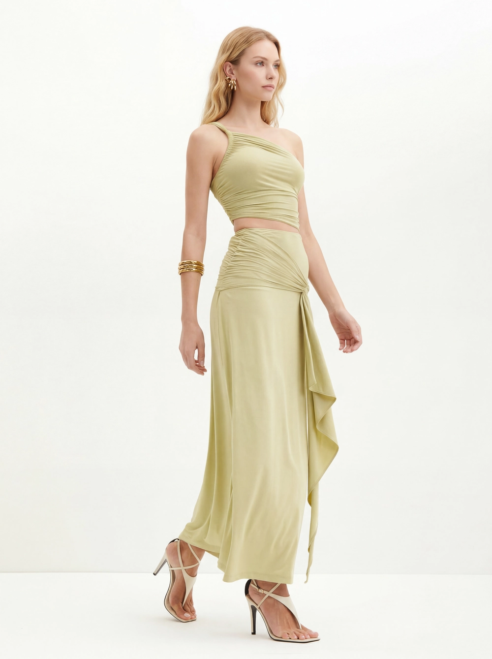 Vestido Um Ombro Só Com Franzidos - Slim Bege 3