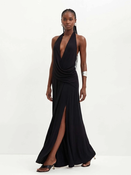Vestido Longo Com Decote Degagê E Fenda - Comfort