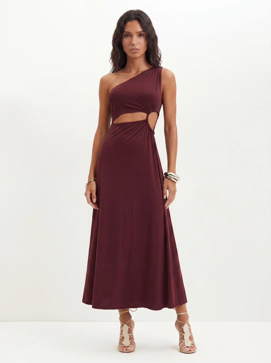 Vestido Um Ombro Só Com Vazados - Evasê Vermelho 1