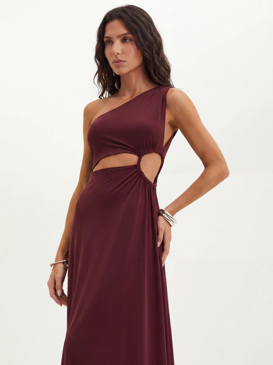 Vestido Um Ombro Só Com Vazados - Evasê Vermelho 4
