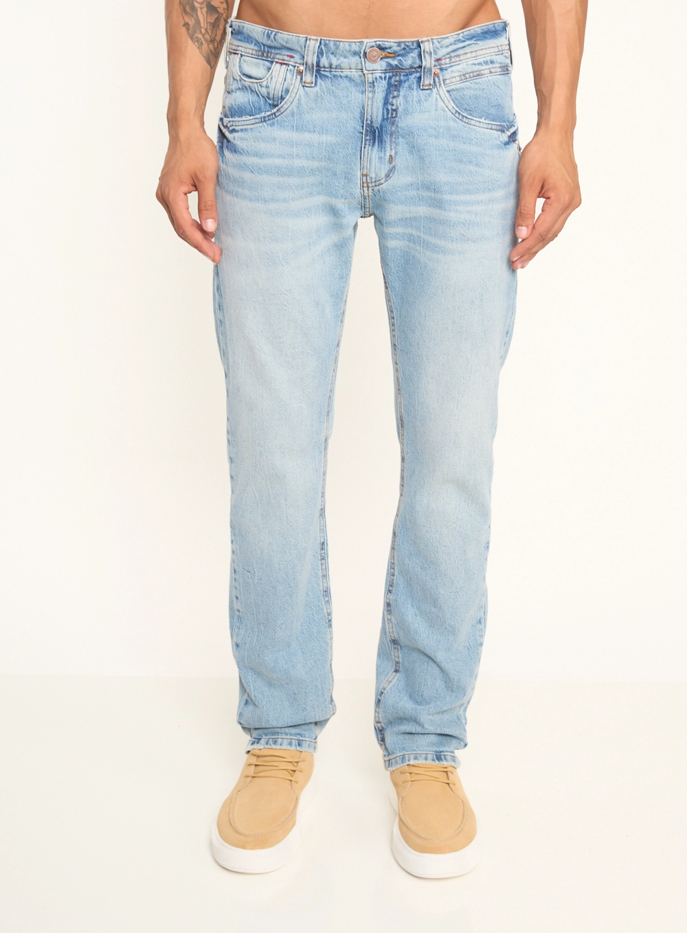 Calça Masculina Jeans Reta Com Bolsos Índigo