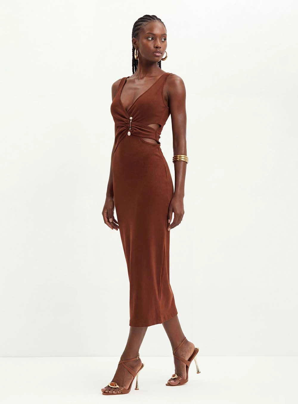 Vestido Midi Com Recortes E Aplicação - Slim Marrom 4