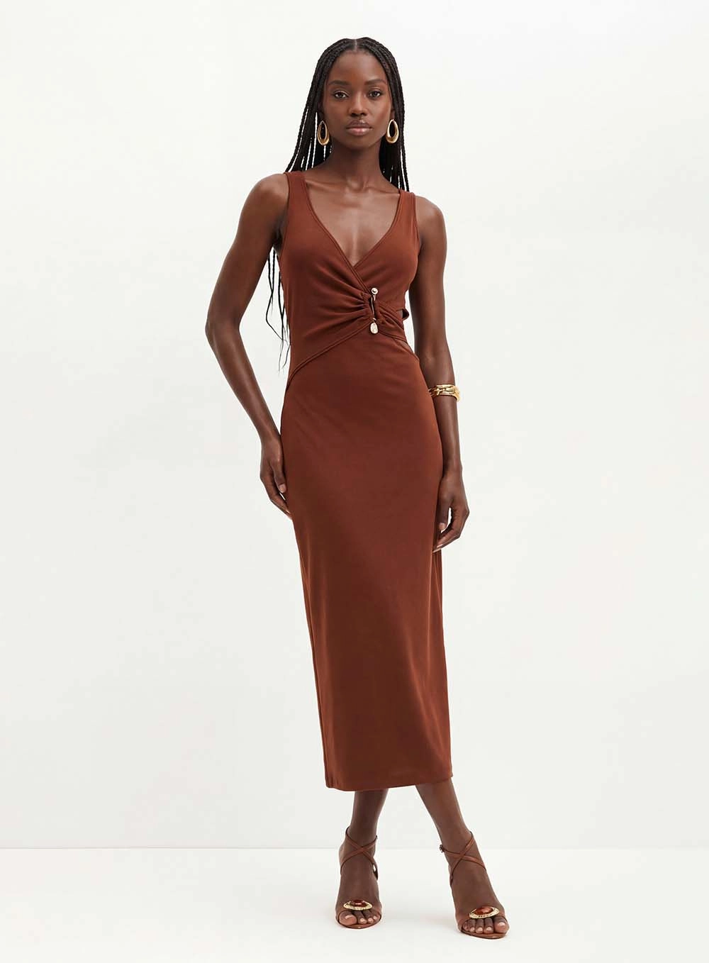 Vestido Midi Com Recortes E Aplicação - Slim Marrom 1