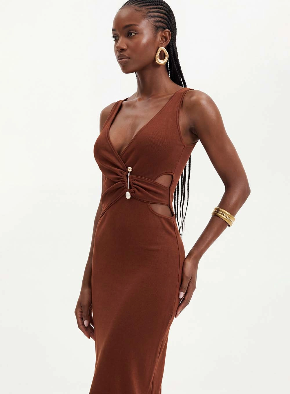 Vestido Midi Com Recortes E Aplicação - Slim Marrom 3