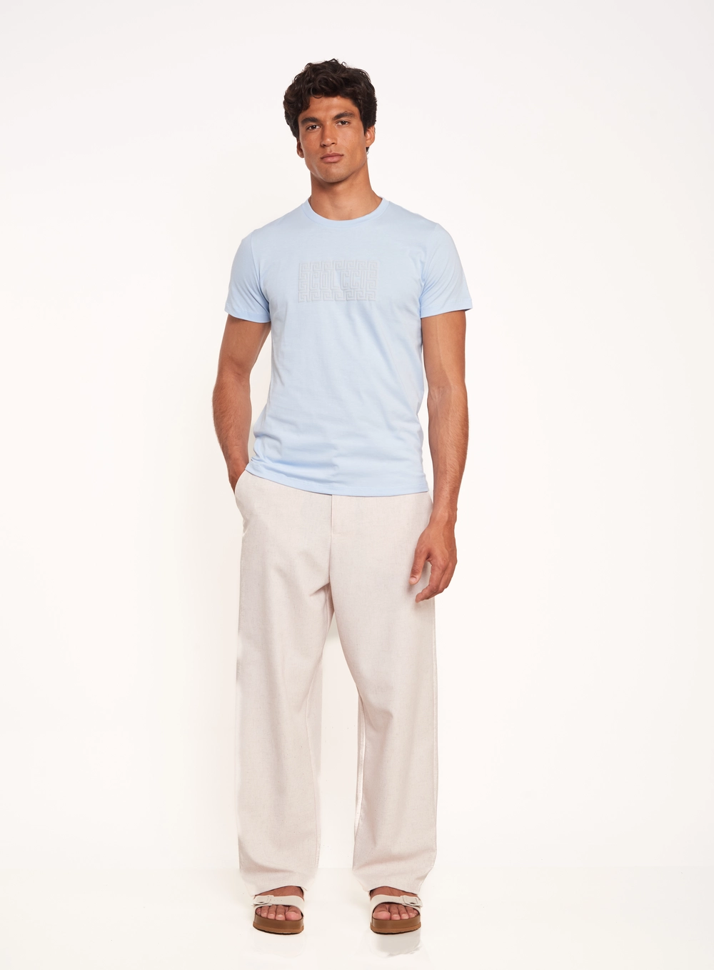 Calça Masculina Wide Leg Com Bolsos Bege